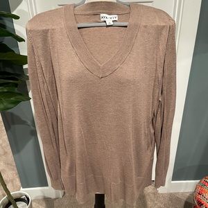Solid camel color tunic sweater with slits, 2x.